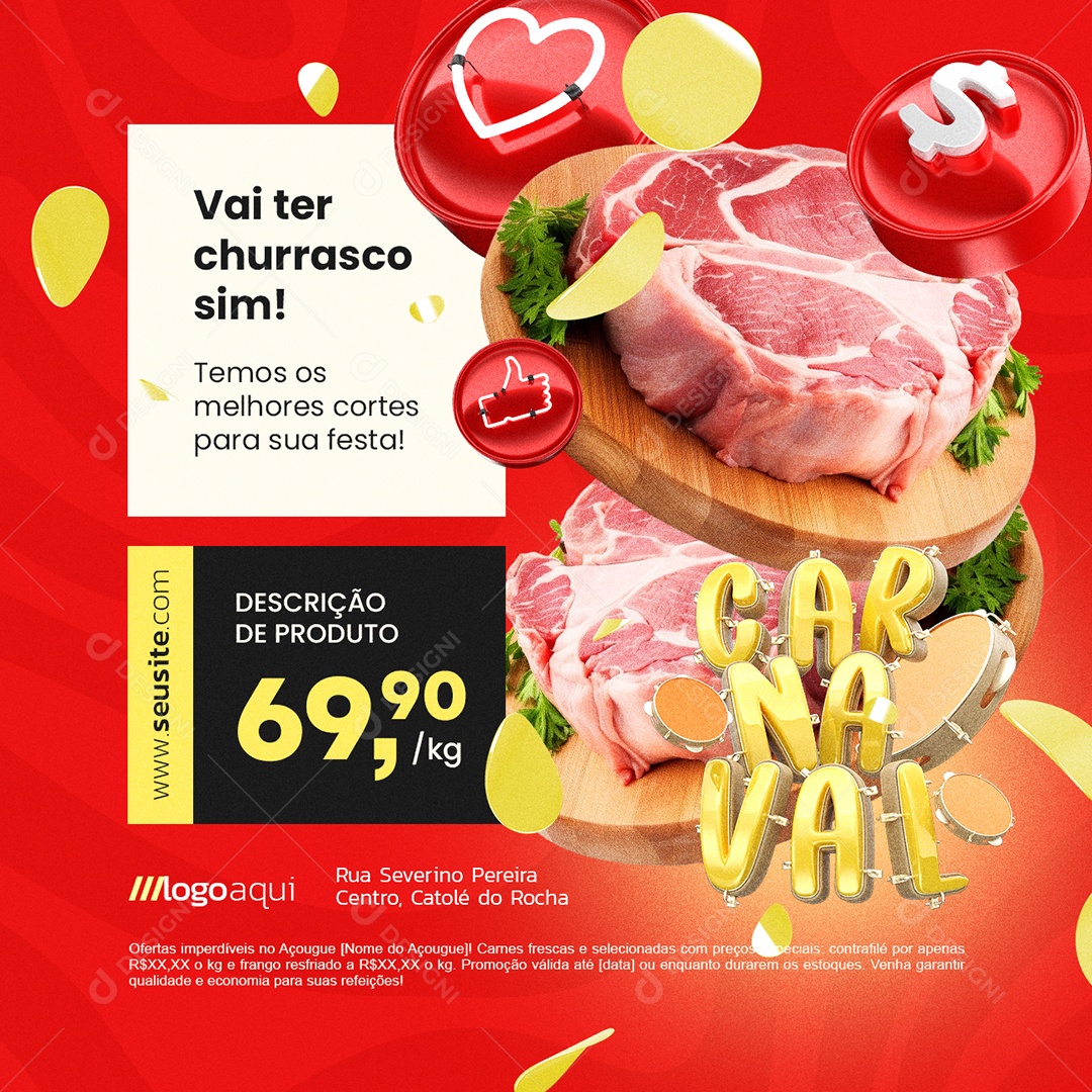 Açougue Carnaval Vai Ter Churrasco Sim Social Media PSD Editável