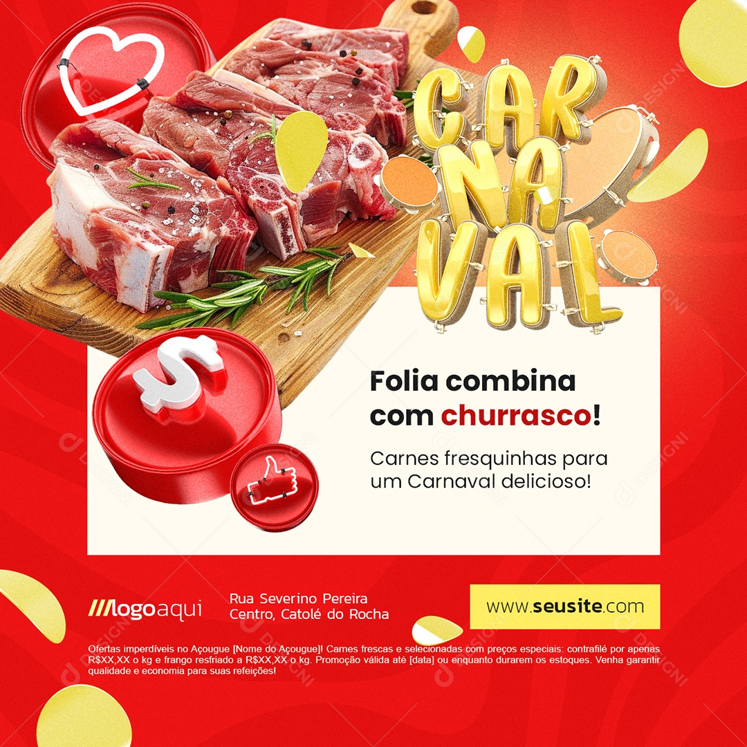 Açougue Carnaval Folia Combina com Churrasco Social Media PSD Editável