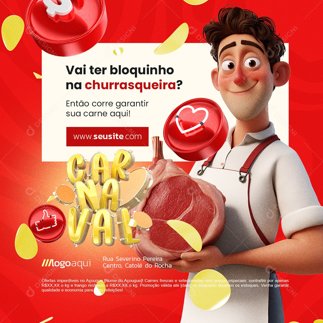 Açougue Carnaval Vai Ter Bloquinho na Churrasqueira Social Media PSD Editável
