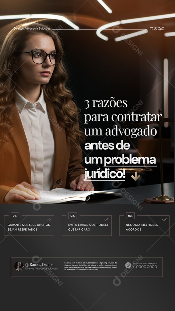 Story Escritório de Advocacia 3 Razões para Contratar um Advogado Social Media PSD Editável