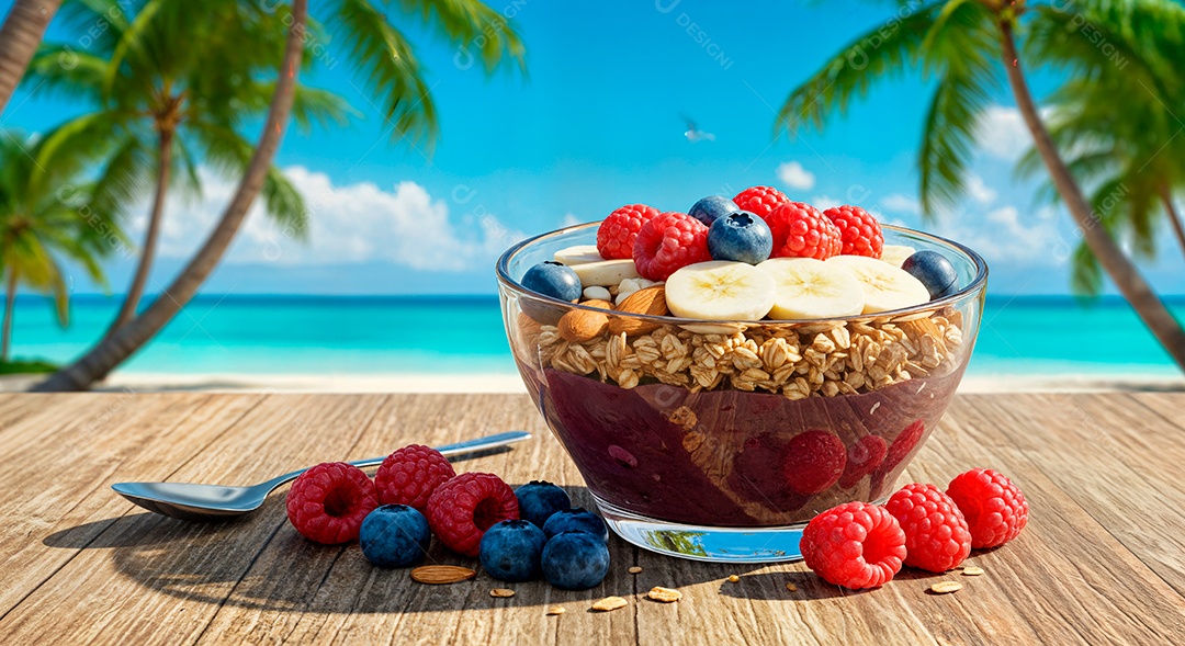 Belo creme de açai com acompanhamentos em uma tijela sobre fundo de uma praia