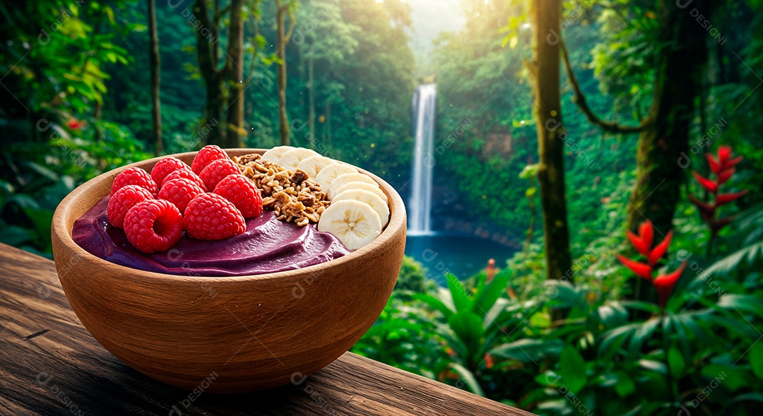 Belo creme de açai com acompanhamentos em uma tijela sobre fundo de uma floresta