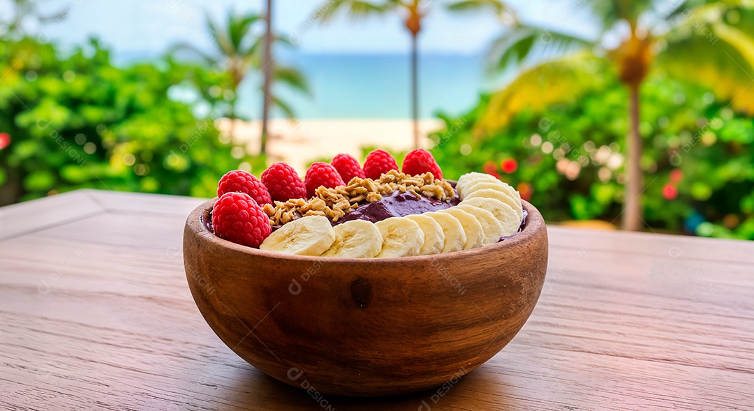 Belo creme de açai com acompanhamentos em uma tijela sobre fundo de uma praia