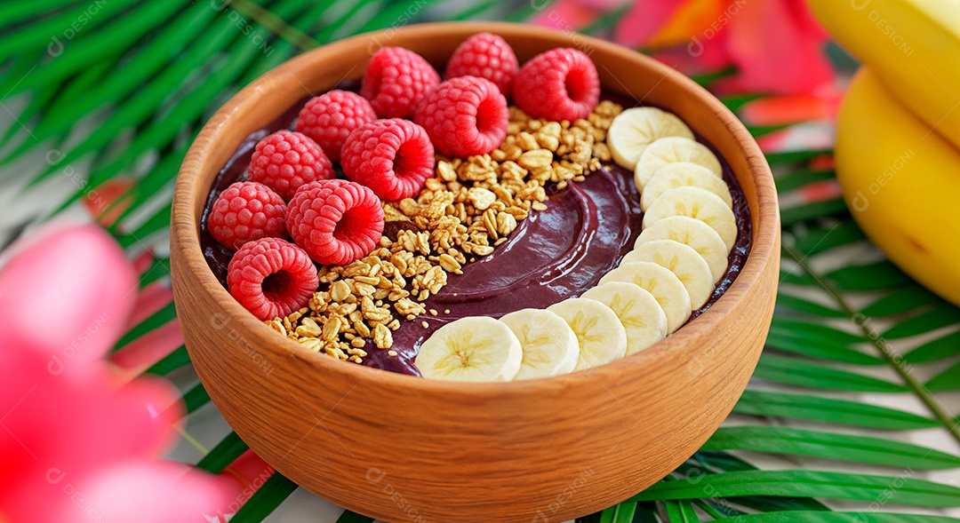 Belo creme de açai com acompanhamentos em uma tijela sobre folhas de palmeiras