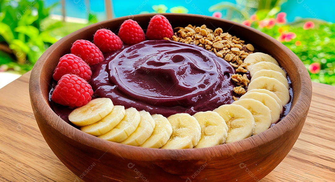 Belo creme de açai com acompanhamentos em uma tijela sobre fundo de uma praia