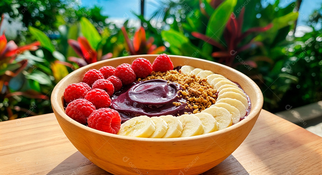 Belo creme de açai com acompanhamentos em uma tijela sobre fundo de uma praia