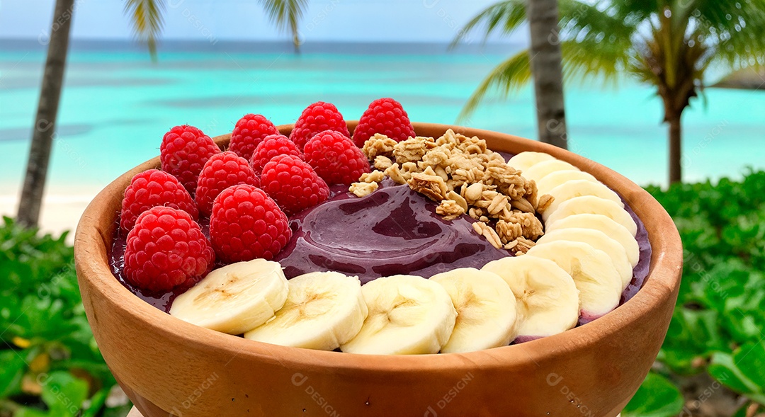 Belo creme de açai com acompanhamentos em uma tijela sobre fundo de uma praia