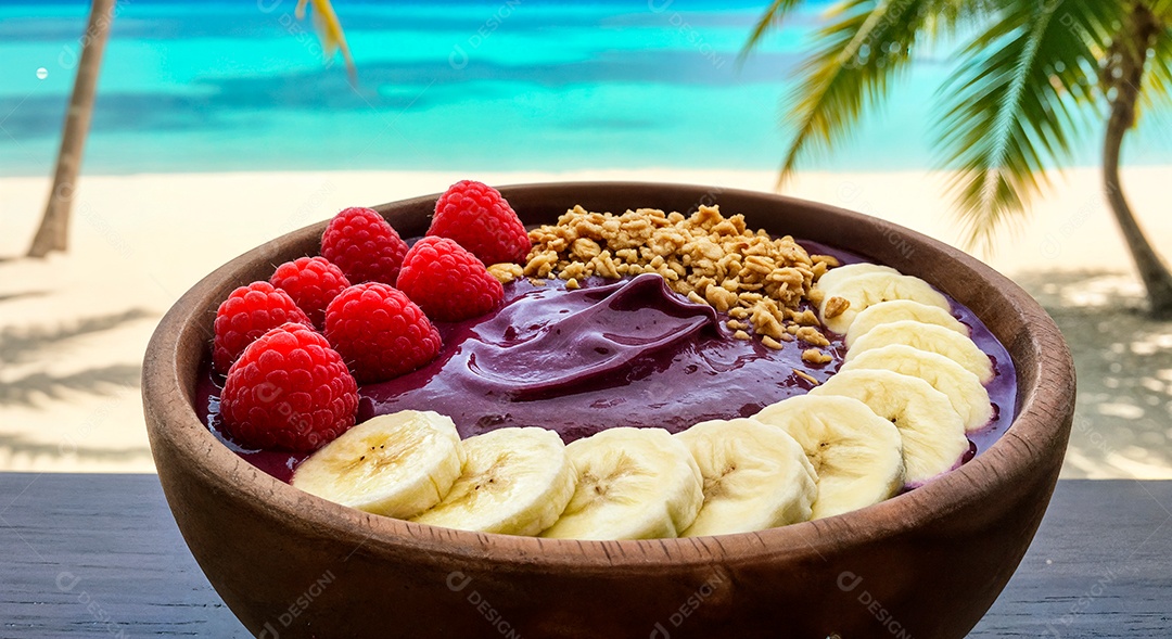 Belo creme de açai com acompanhamentos em uma tijela sobre fundo de uma praia