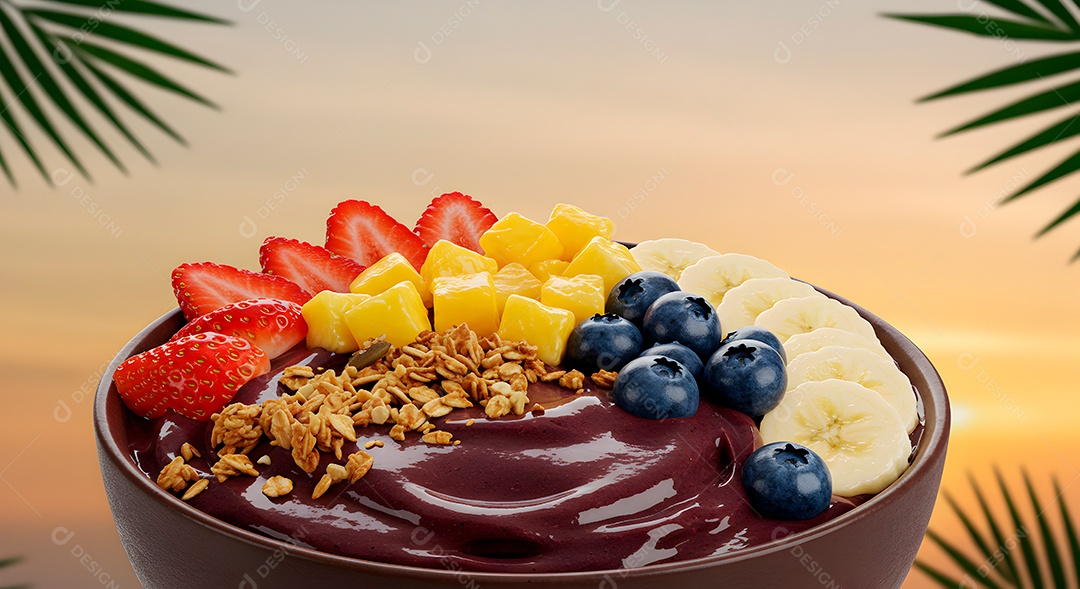 Belo creme de açai com acompanhamentos em uma tijela sobre fundo abstrato