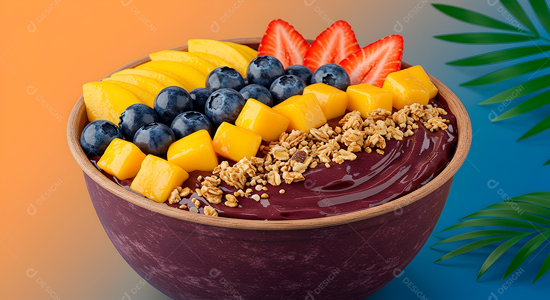Belo creme de açai com acompanhamentos em uma tijela sobre fundo abstrato