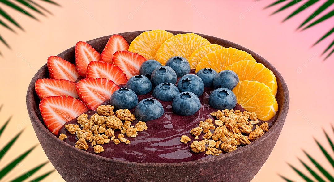 Belo creme de açai com acompanhamentos em uma tijela sobre fundo abstrato