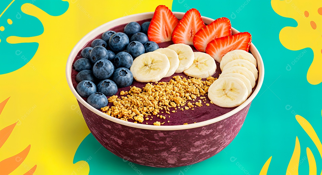 Belo creme de açai com acompanhamentos em uma tijela sobre fundo abstrato