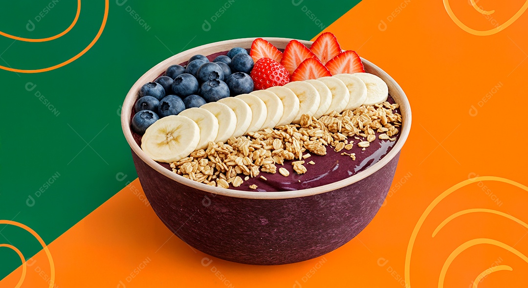 Belo creme de açai com acompanhamentos em uma tijela sobre fundo abstrato