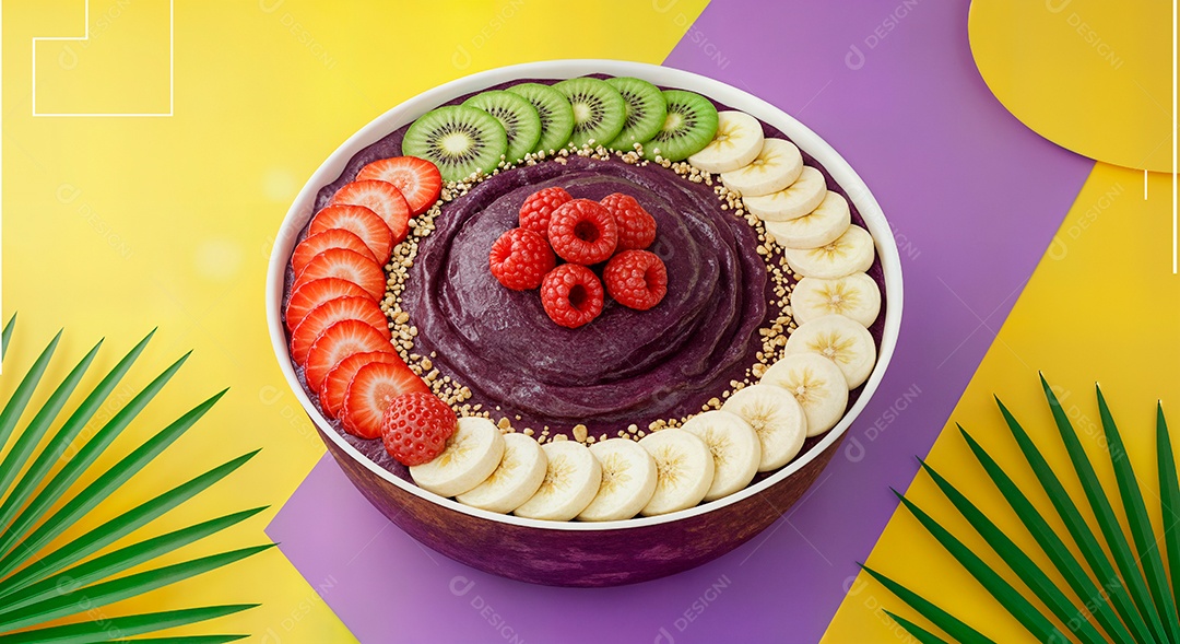 Belo creme de açai com acompanhamentos em uma tijela sobre fundo abstrato