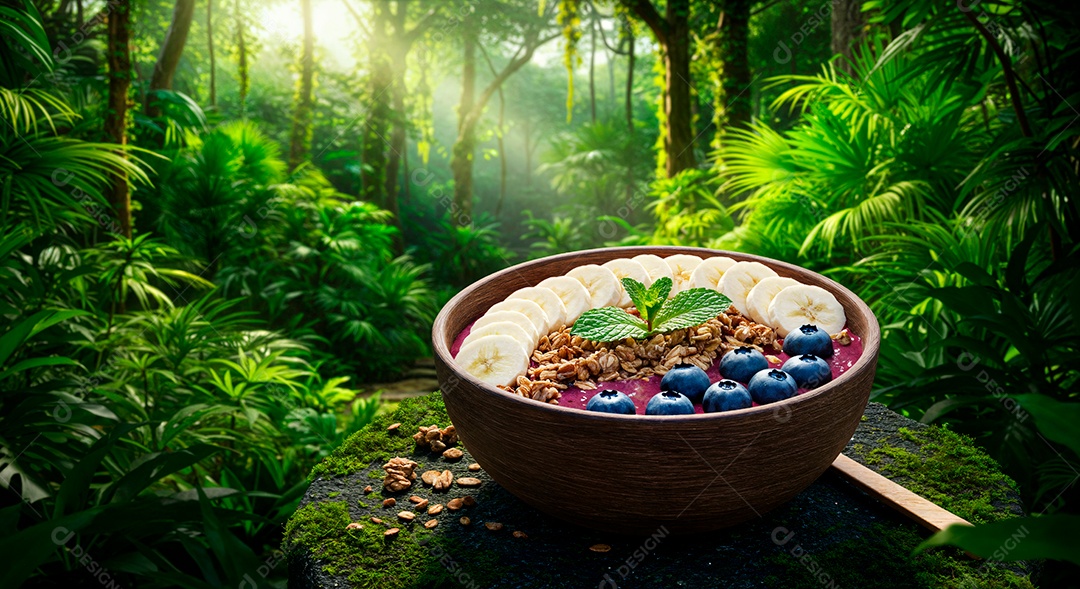 Belo creme de açai com acompanhamentos em uma tijela sobre fundo de uma floresta