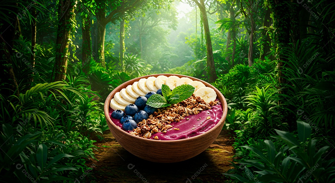 Belo creme de açai com acompanhamentos em uma tijela sobre fundo de uma floresta