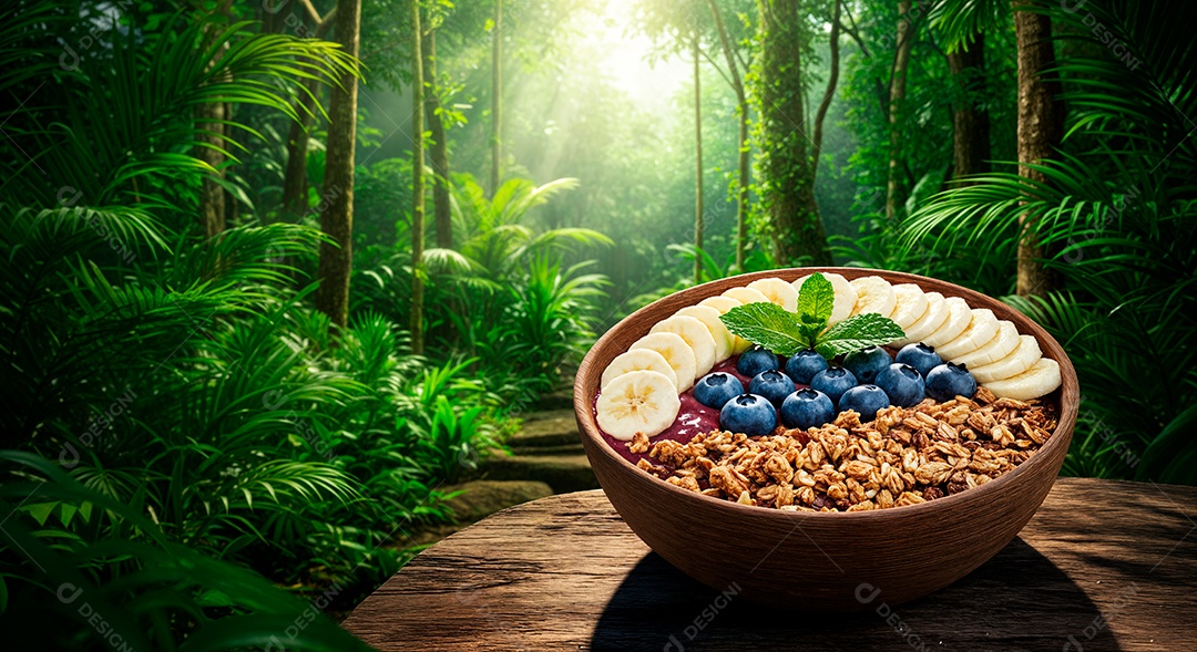 Belo creme de açai com acompanhamentos em uma tijela sobre fundo de uma floresta