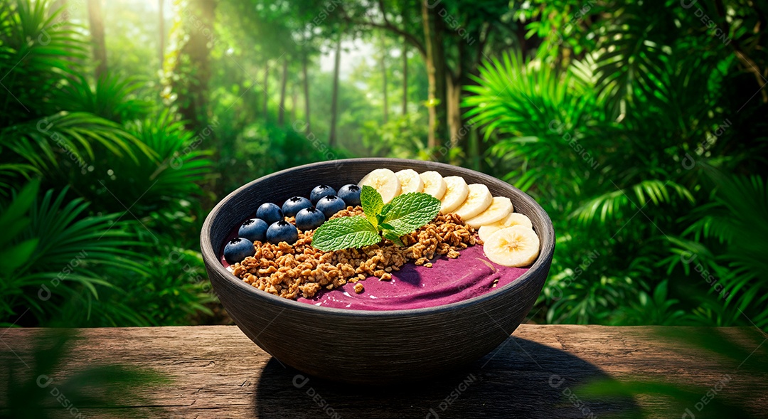 Belo creme de açai com acompanhamentos em uma tijela sobre fundo de uma floresta