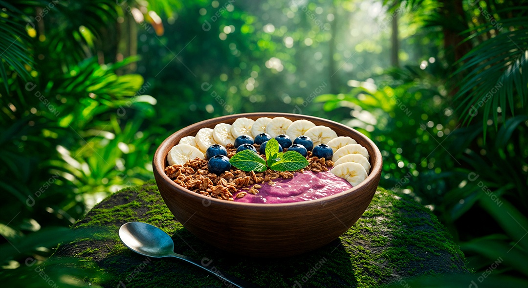 Belo creme de açai com acompanhamentos em uma tijela sobre fundo de uma floresta