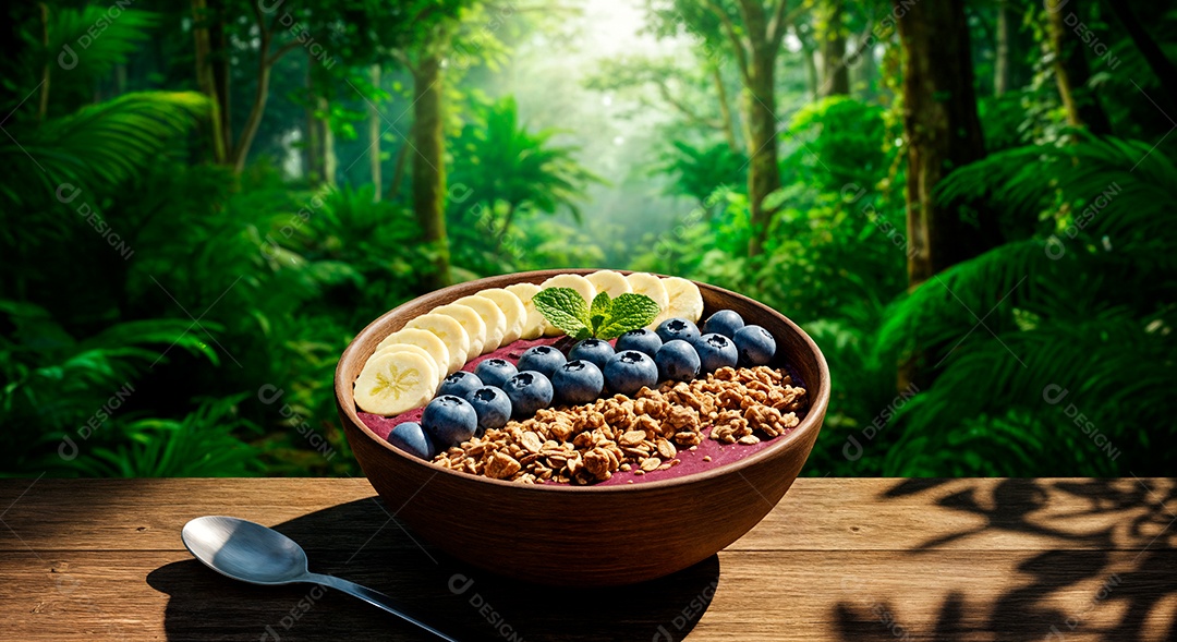 Belo creme de açai com acompanhamentos em uma tijela sobre fundo de uma floresta