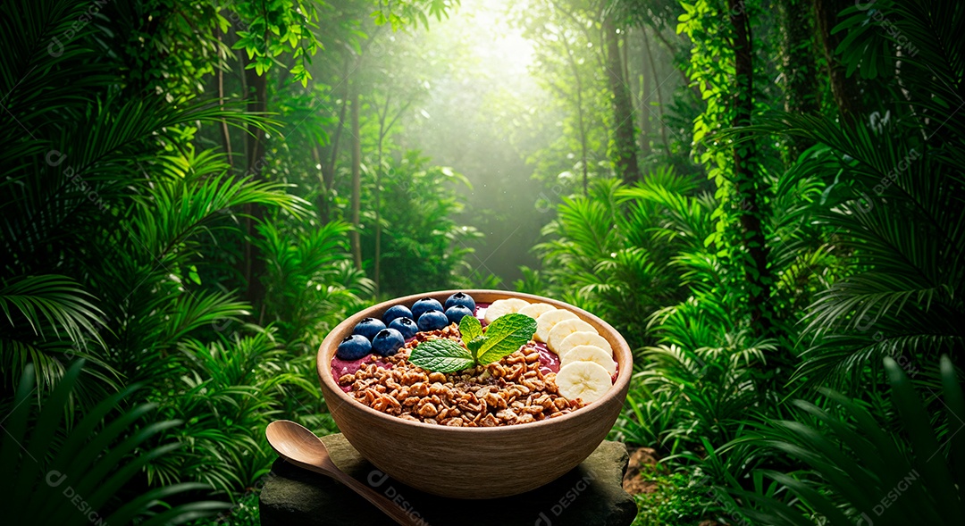 Belo creme de açai com acompanhamentos em uma tijela sobre fundo de uma floresta