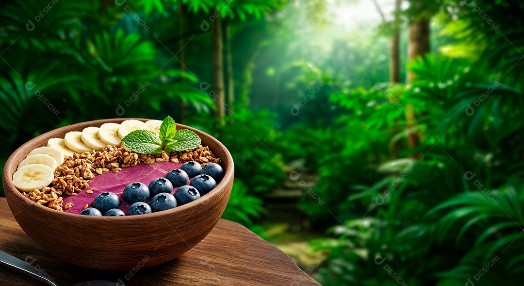 Belo creme de açai com acompanhamentos em uma tijela sobre fundo de uma floresta