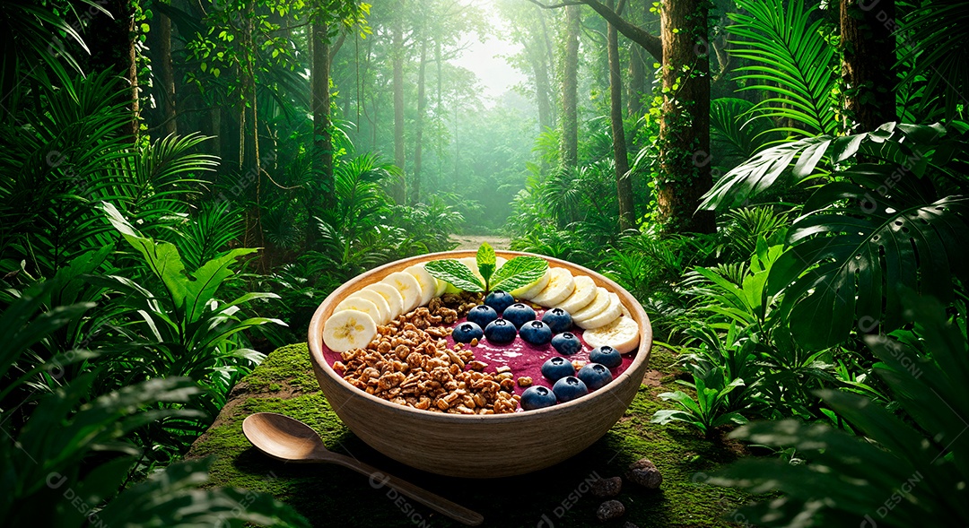 Belo creme de açai com acompanhamentos em uma tijela sobre fundo de uma floresta