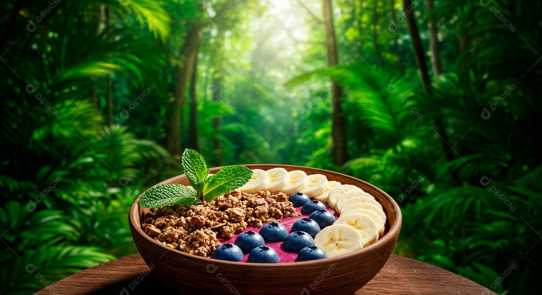 Belo creme de açai com acompanhamentos em uma tijela sobre fundo de uma floresta