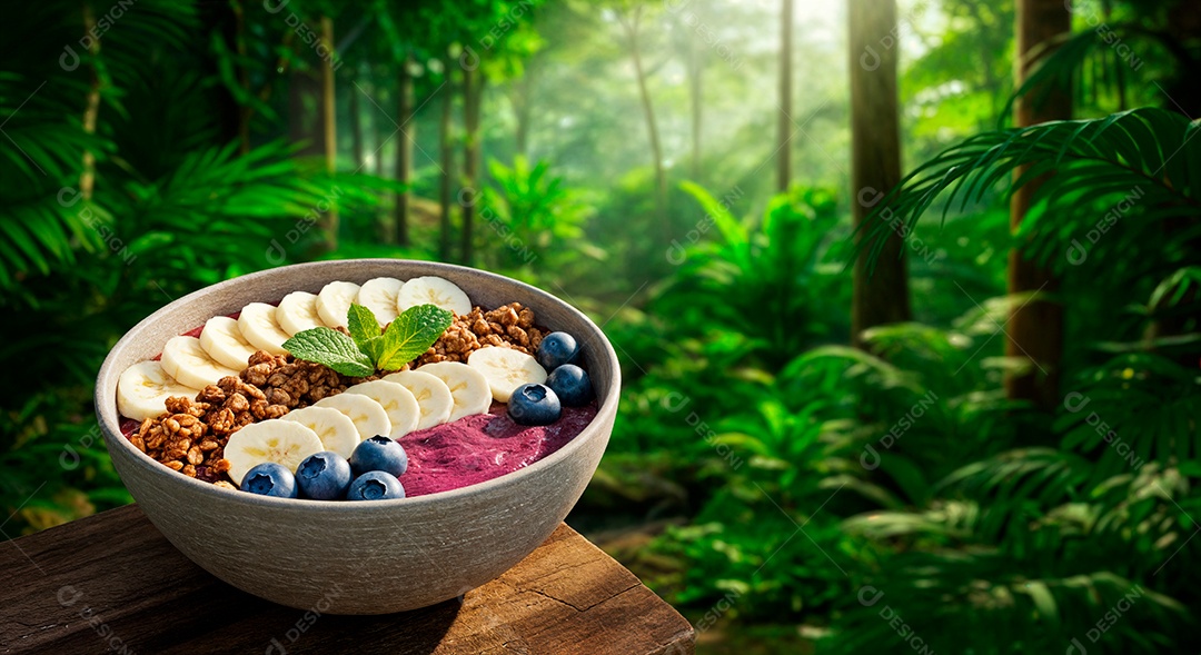 Belo creme de açai com acompanhamentos em uma tijela sobre fundo de uma floresta