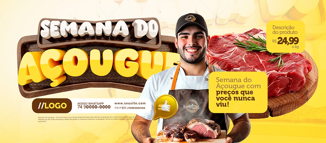 Banner Semana do Açougue com Preços Que Você Nunca Viu Social Media PSD Editável