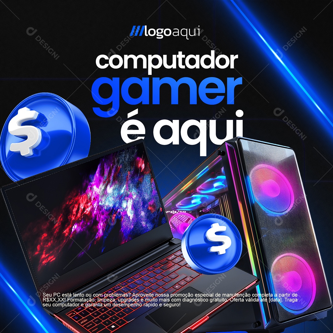 Assistência Técnica Computador Gamer é Aqui Social Media PSD Editável
