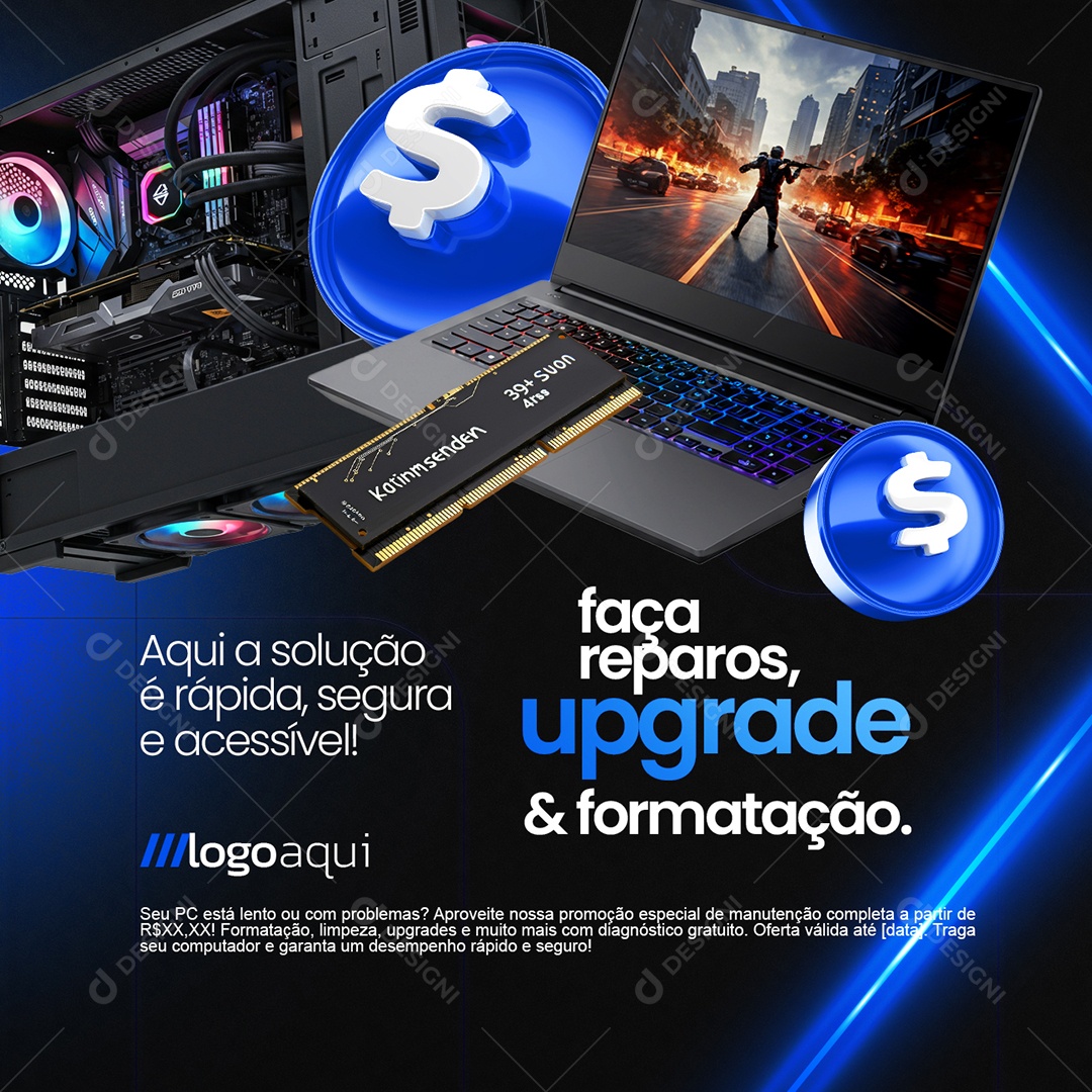 Assistência Técnica Faça Reparos Upgrade e Formatação Social Media PSD Editável