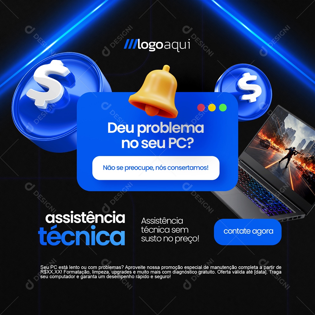 Assistência Técnica Deu Problema no Seu Pc Social Media PSD Editável