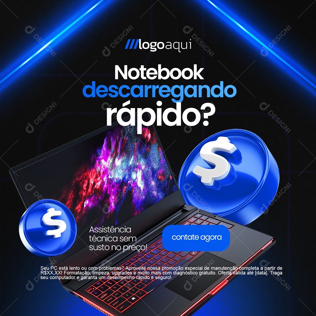 Assistência Técnica Notebook Descarregando Rápido Social Media PSD Editável