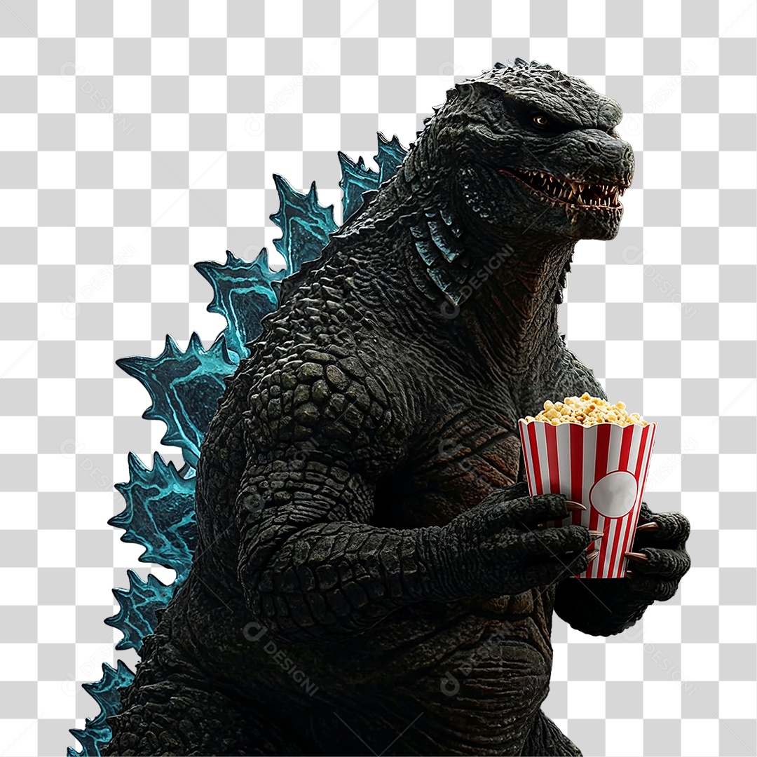 Personagem Godzilla Segurando um Copo de Pipoca PNG Transparente