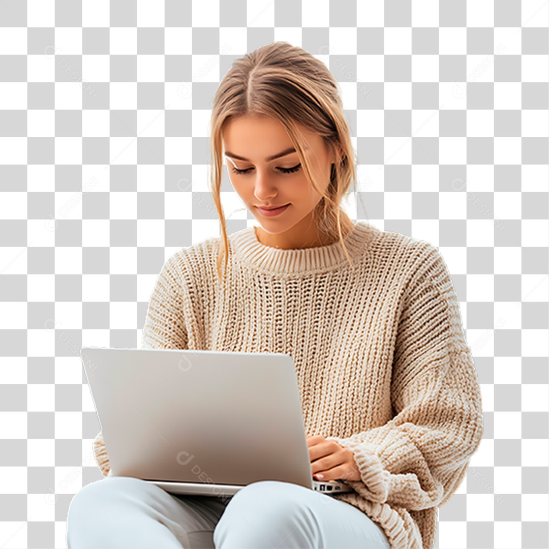 Mulher com Notebook PNG Transparente