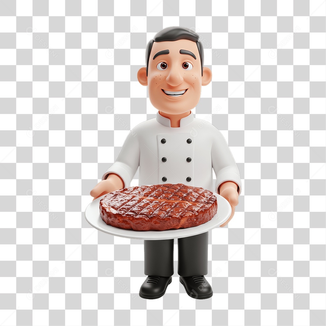 Personagem Homem Chefe de Cozinha com Bife PNG Transparente