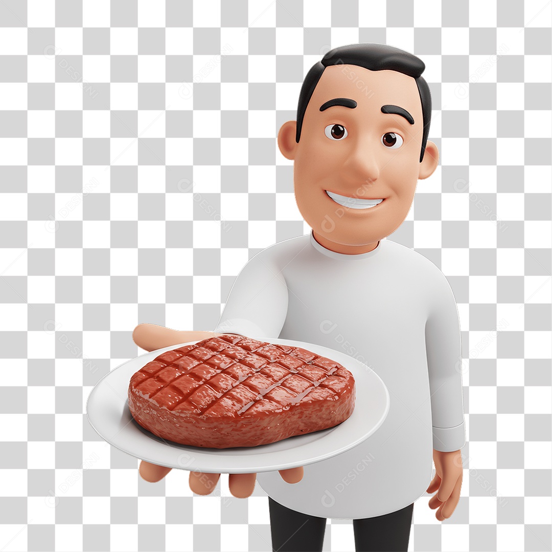 Personagem Homem Chefe de Cozinha com Bife PNG Transparente