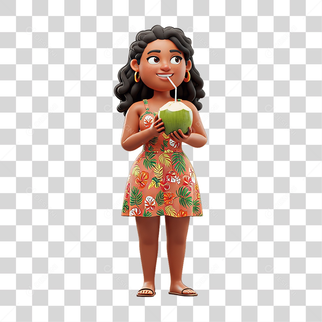 Personagem Mulher Bebendo Água de Coco PNG Transparente