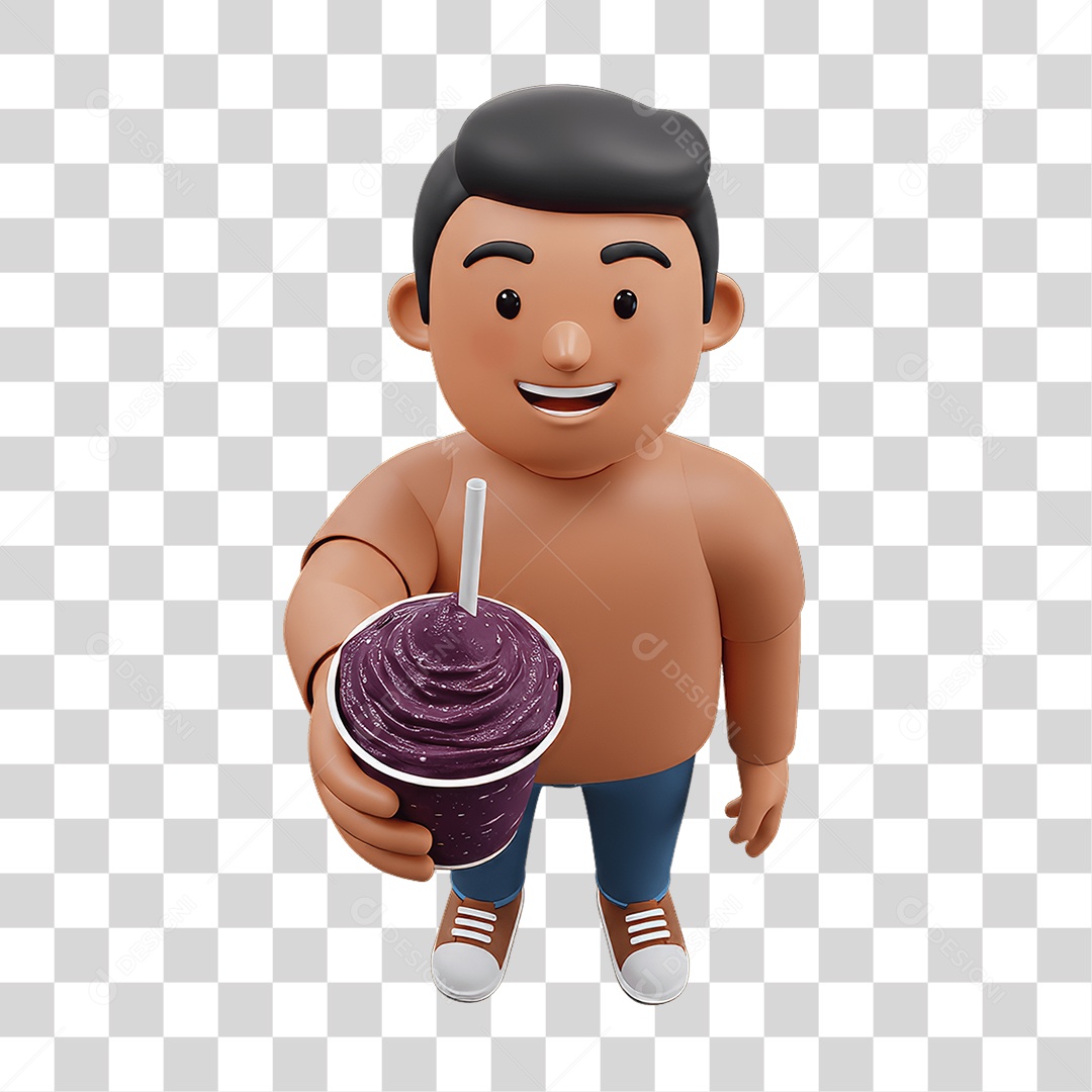 Personagem Homem com Pote de Açaí nas Mãos PNG Transparente
