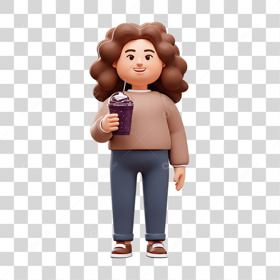 Personagem Mulher com Pote de Açaí nas Mãos PNG Transparente