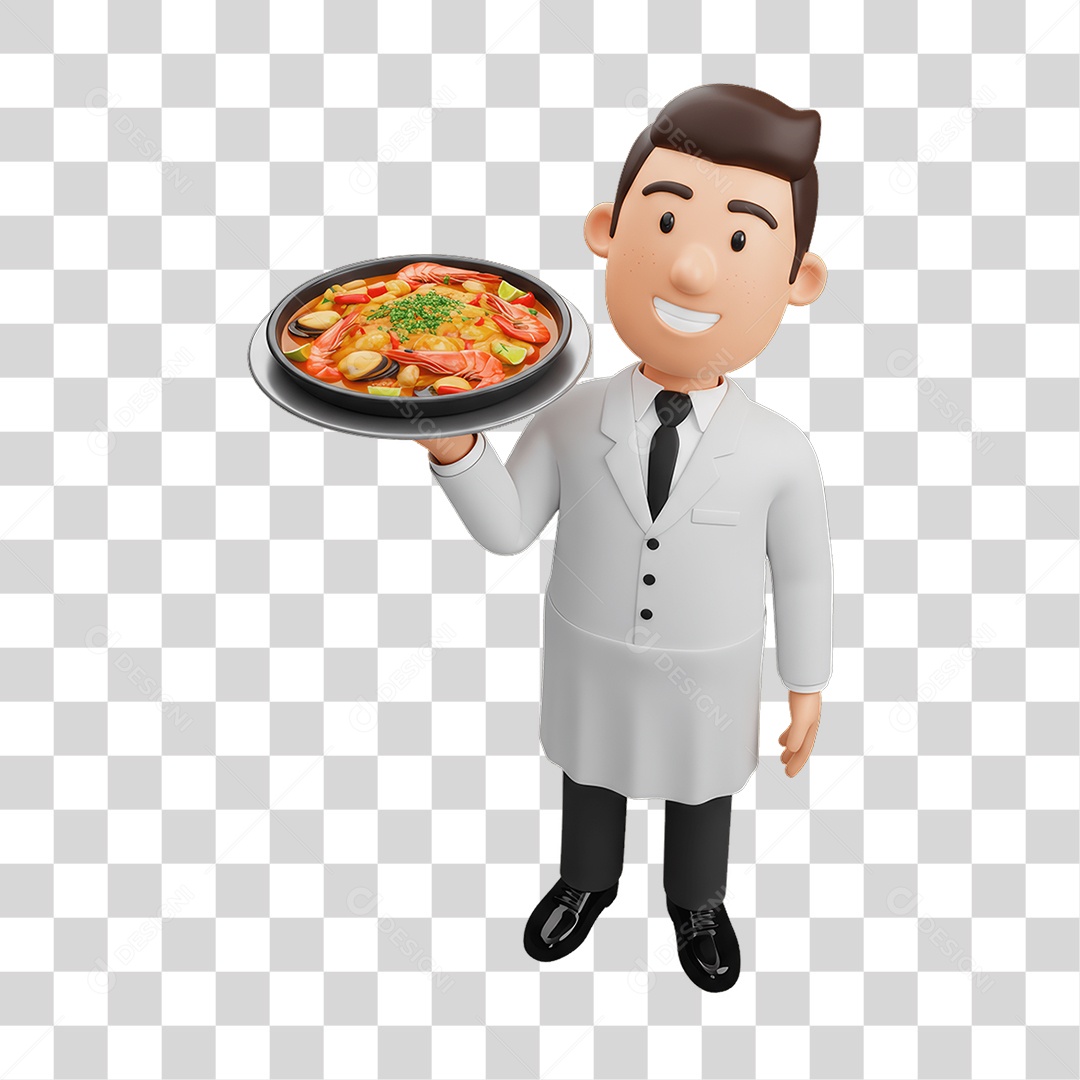 Personagem Chefe de Cozinha com Prato de Comida nas Mãos PNG Transparente