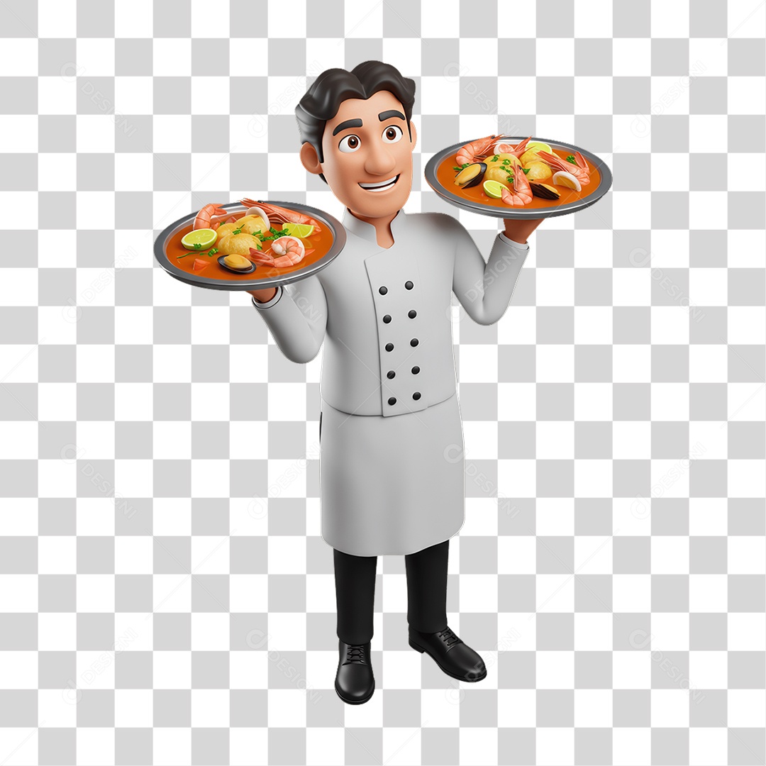 Personagem Chefe de Cozinha com Prato de Comida nas Mãos PNG Transparente