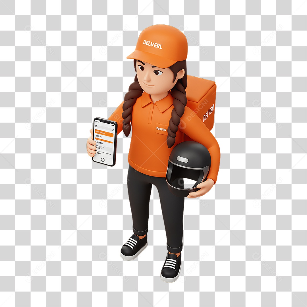 Personagem Mulher Entregadora com Celular nas Mãos PNG Transparente