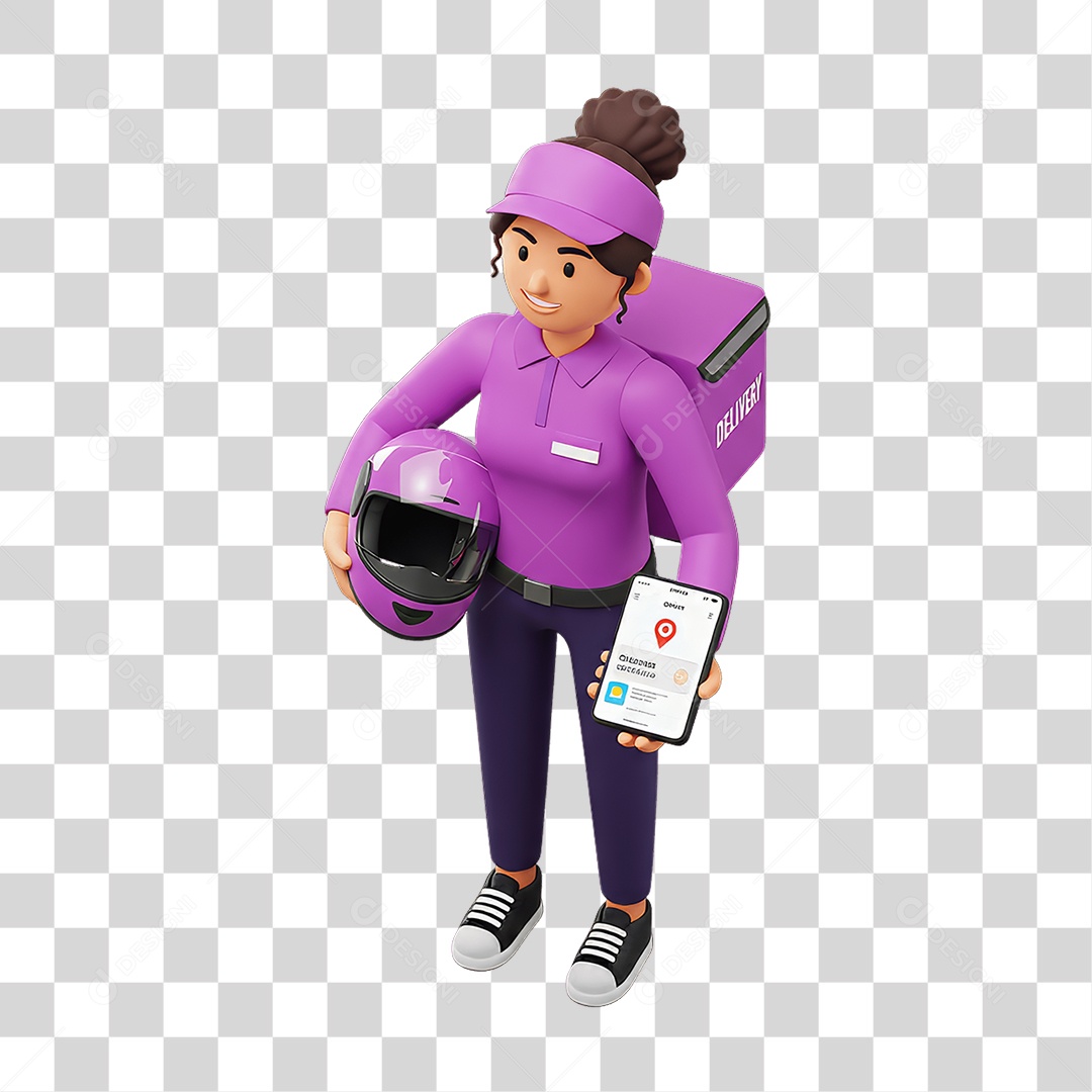 Personagem Mulher Entregadora com Celular nas Mãos PNG Transparente