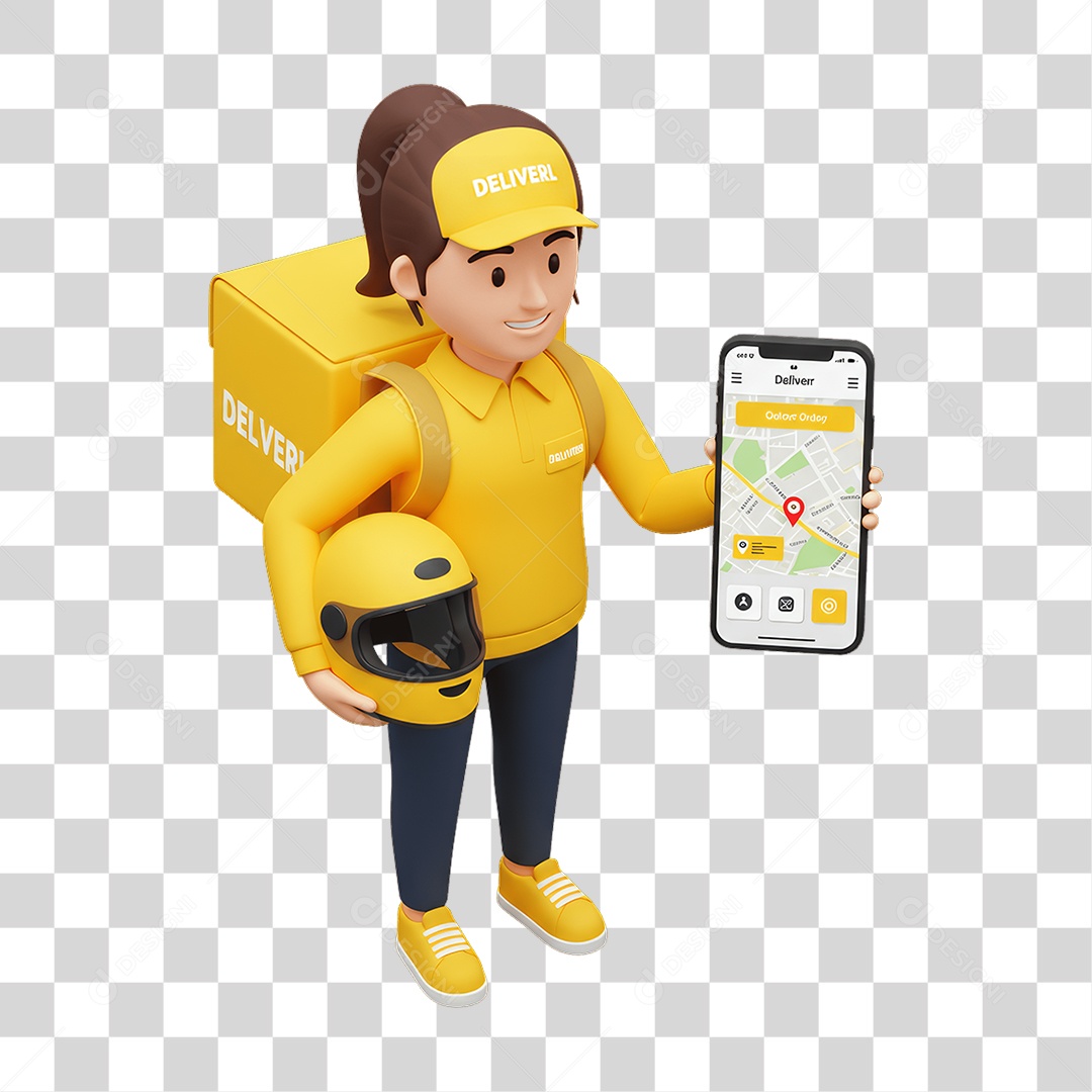 Personagem Mulher Entregadora com Celular nas Mãos PNG Transparente