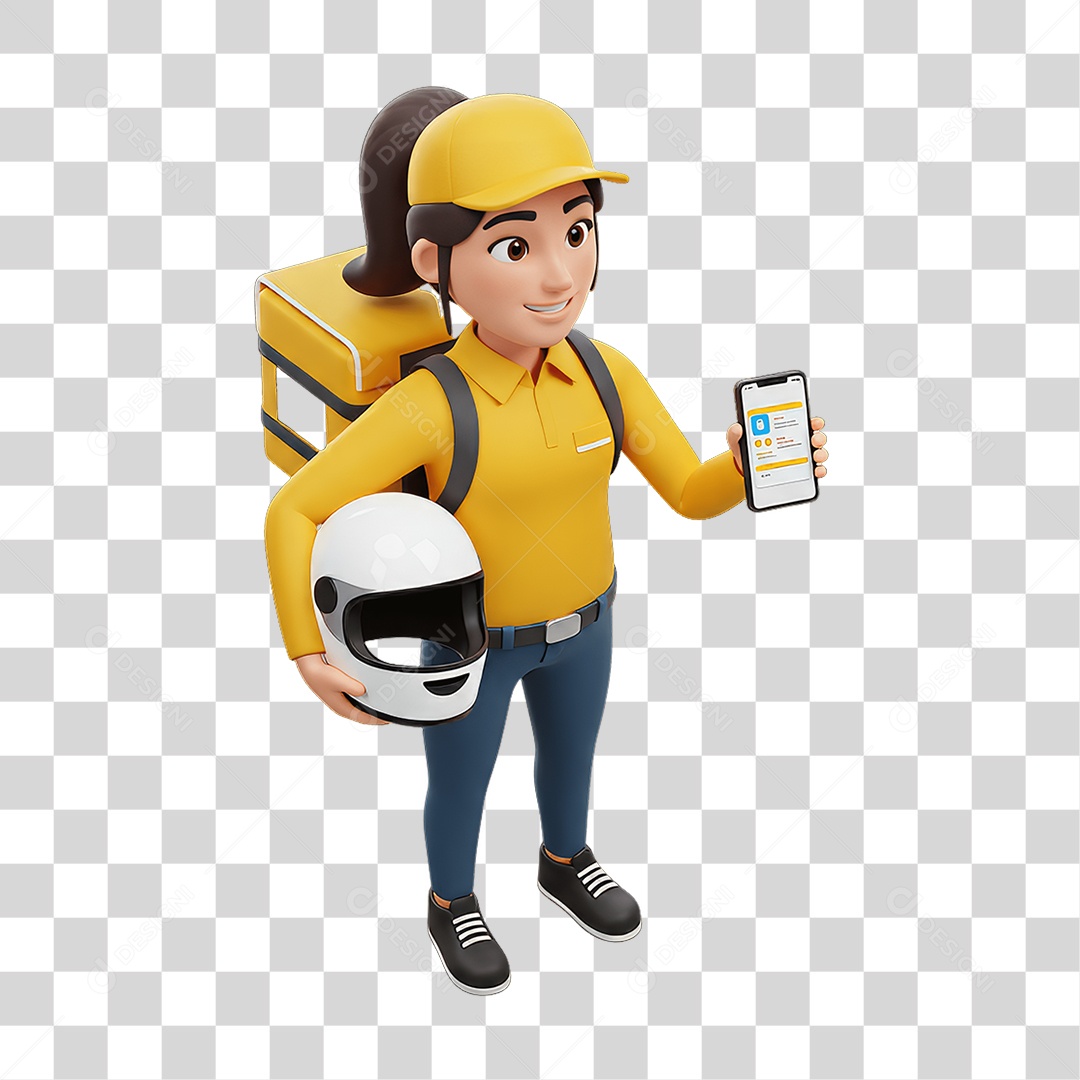 Personagem Mulher Entregadora com Celular nas Mãos PNG Transparente