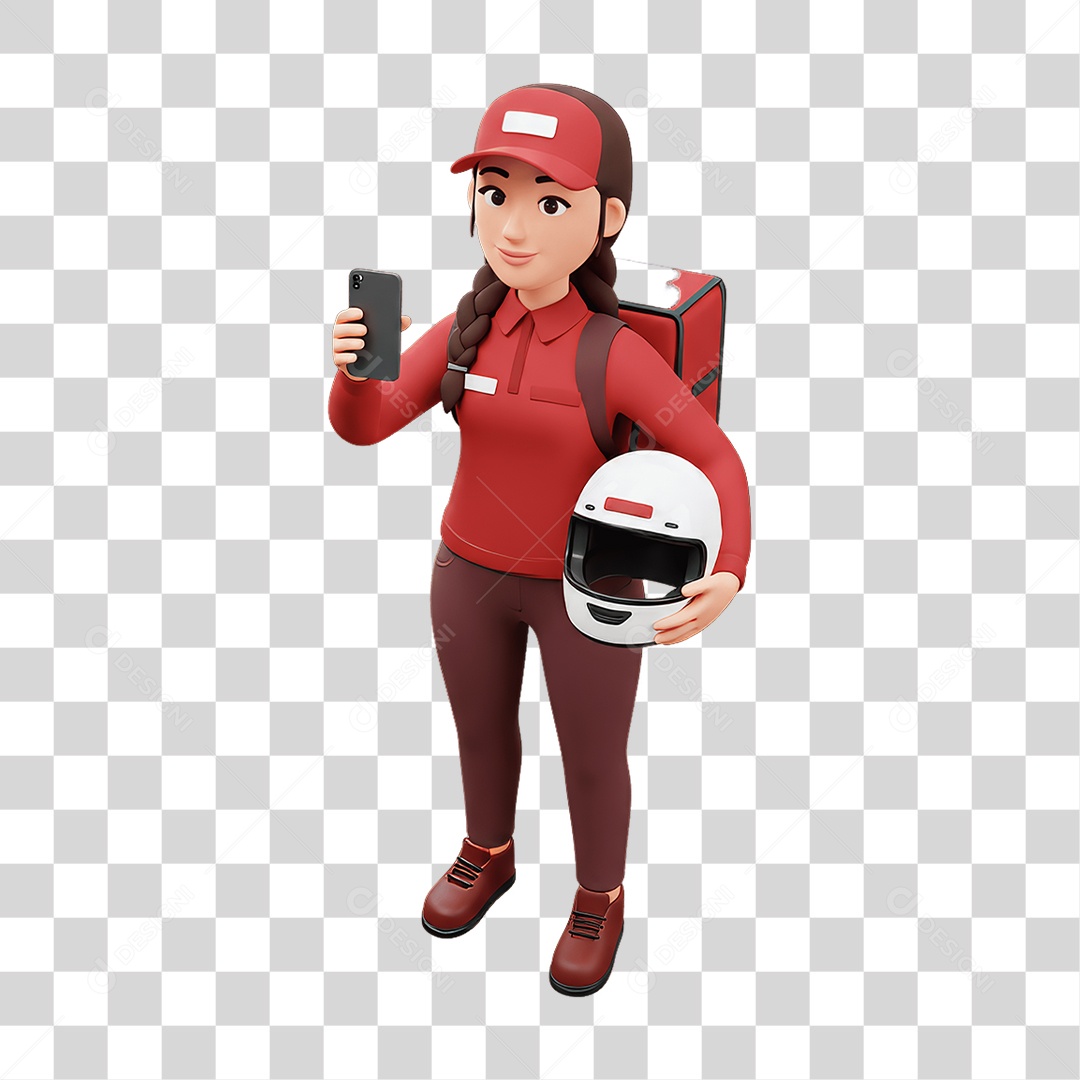 Personagem Mulher Entregadora com Celular nas Mãos PNG Transparente