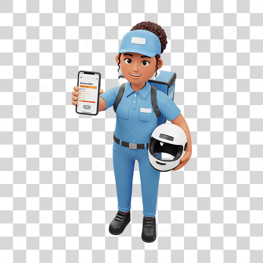 Personagem Mulher Entregadora com Celular nas Mãos PNG Transparente