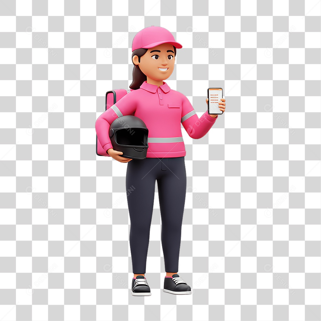 Personagem Mulher Entregadora com Celular nas Mãos PNG Transparente